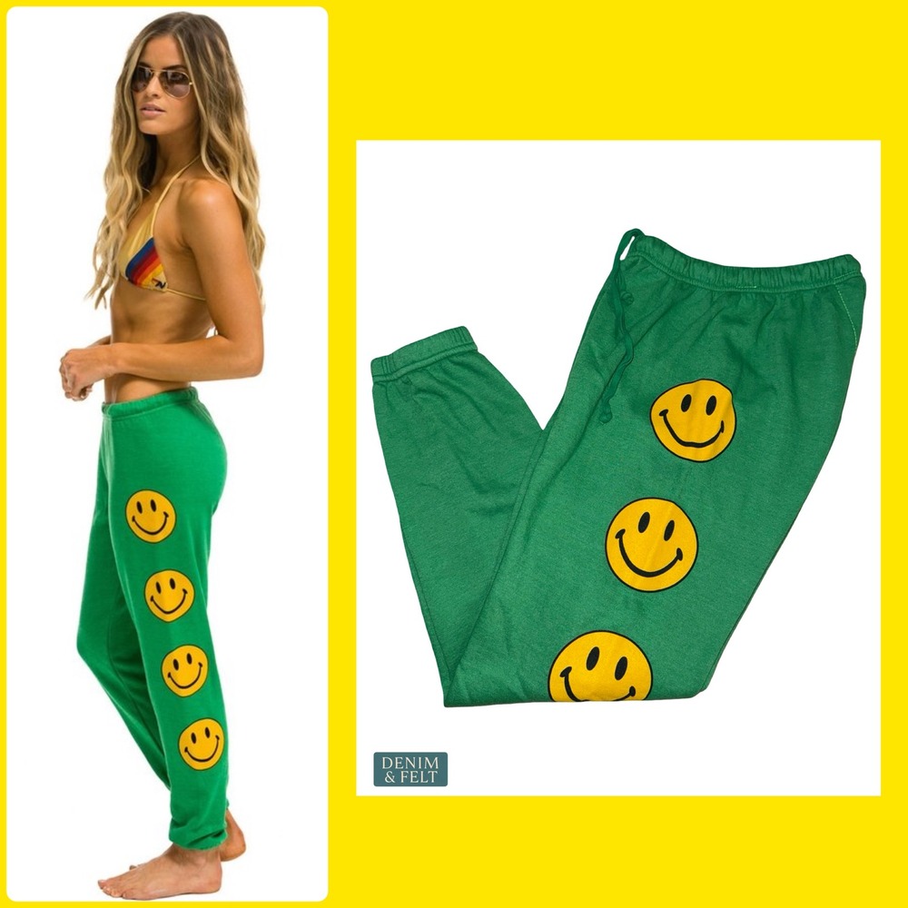 Aviator Nation Kelly Green Smiley Sweatpants Retro Joggers Cozy Loungewear XS